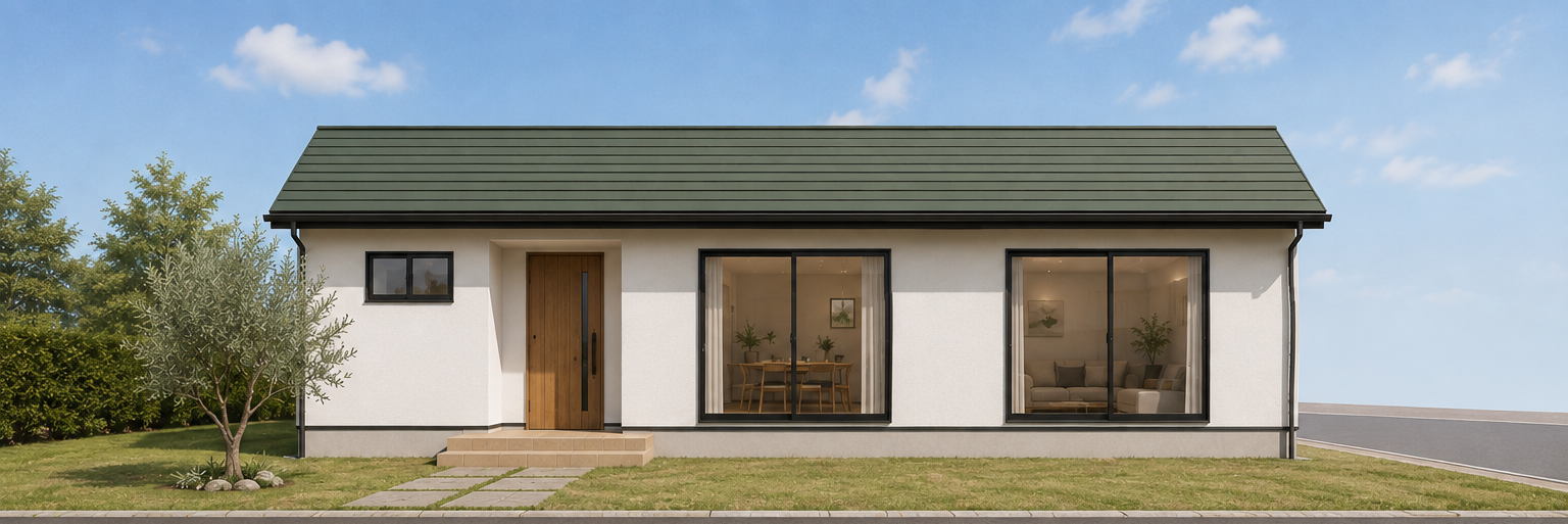 白い外壁とグリーン系の屋根の平屋外観、計画イメージ
